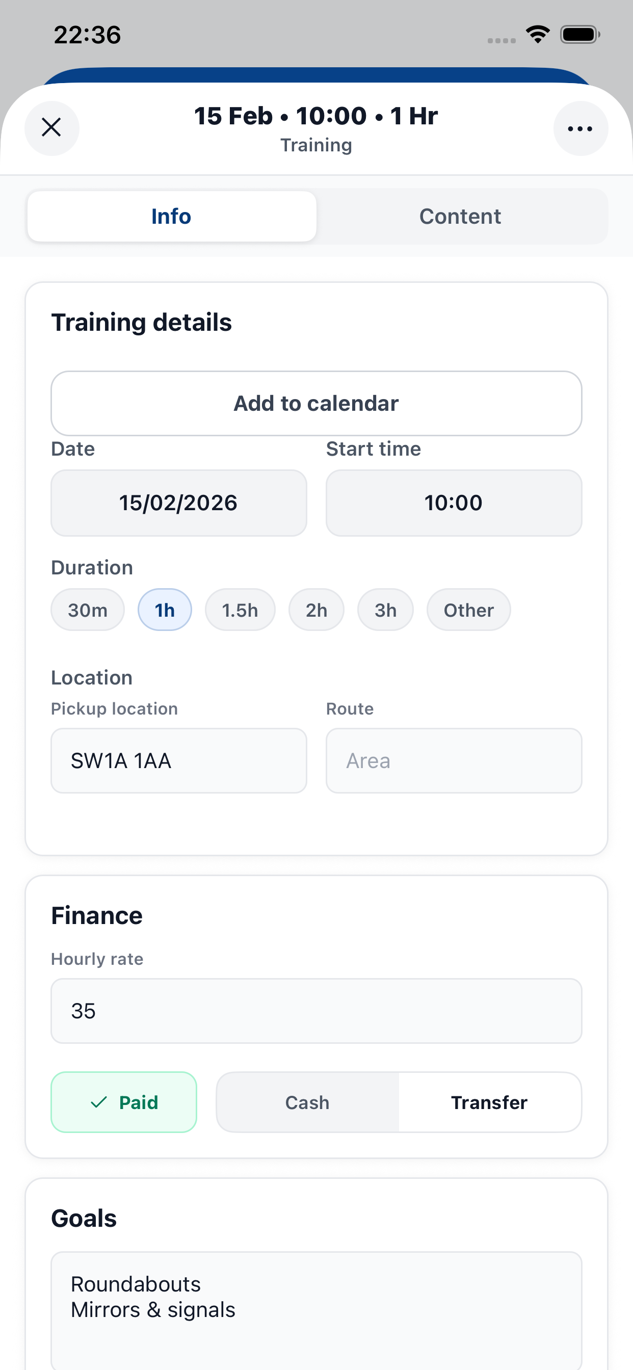 Training session notes screen